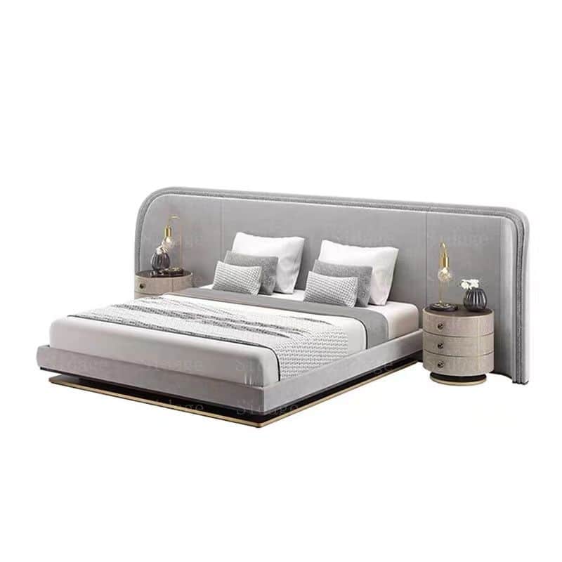 A modern gray upholstered platform bed featuring a wide, curved headboard with seamlessly integrated… — free OBJ 3D model