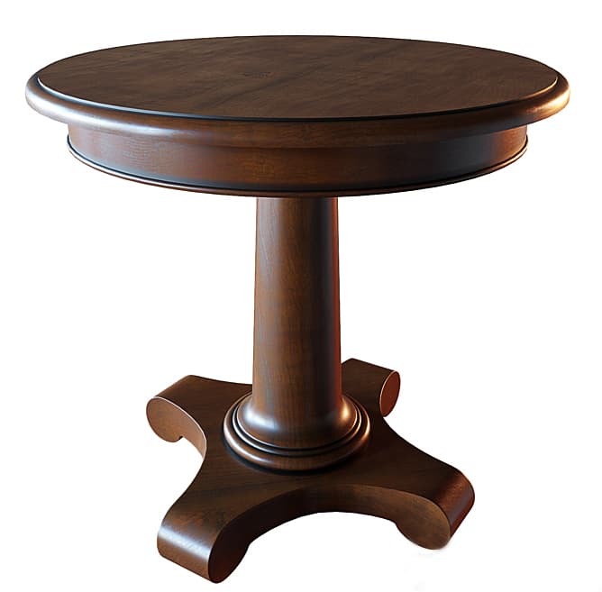 A dark brown, round wooden table featuring a central pedestal base with four elegantly scrolled feet, finished in a rich, dark stain. — 3D model