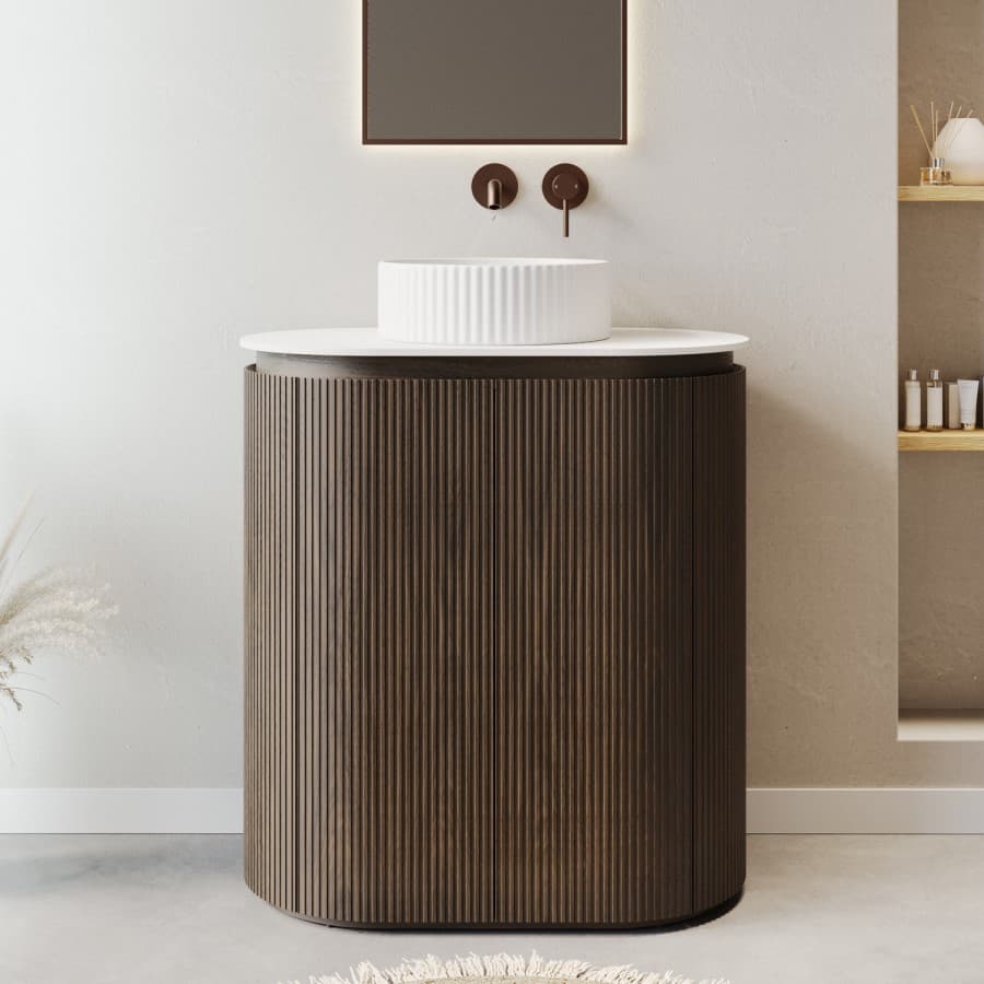 A cylindrical accent table featuring a dark brown, vertically fluted body and a smooth, contrasting white circular top. A white, ridged bowl-like object is placed on the table's surface. — 3D model