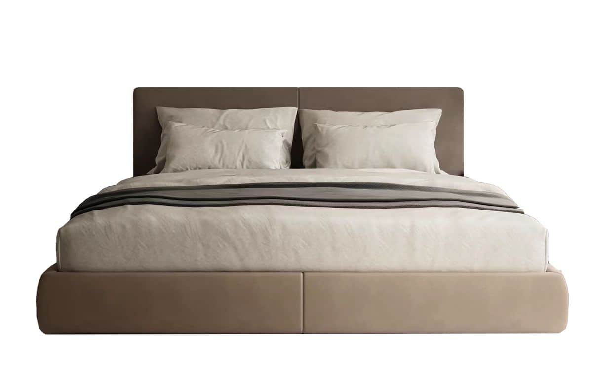 A modern upholstered platform bed featuring a low-profile frame and an integrated, softly padded hea… — free STL 3D model