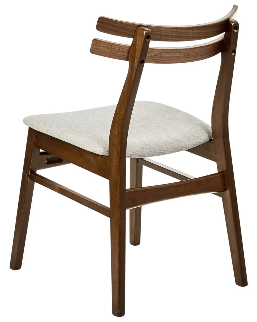 A wooden dining chair with a light grey upholstered seat and a curved backrest composed of two horiz… — 3D model