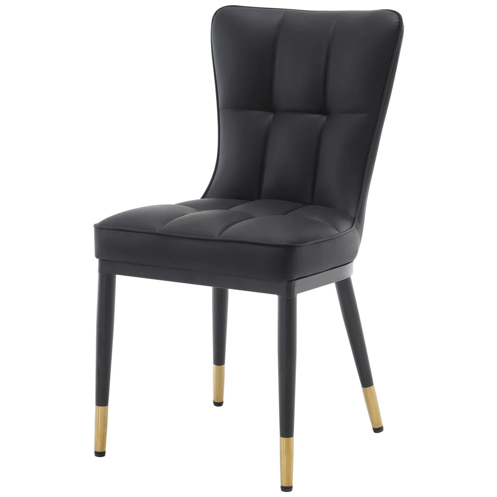 A contemporary dining chair featuring black faux leather upholstery with a high back and seat, both adorned with square tufting. The chair is supported by four tapered black metal legs, each finished with a golden brass cap at the foot. The overall design suggests a modern aesthetic with a touch of glam. — 3D model