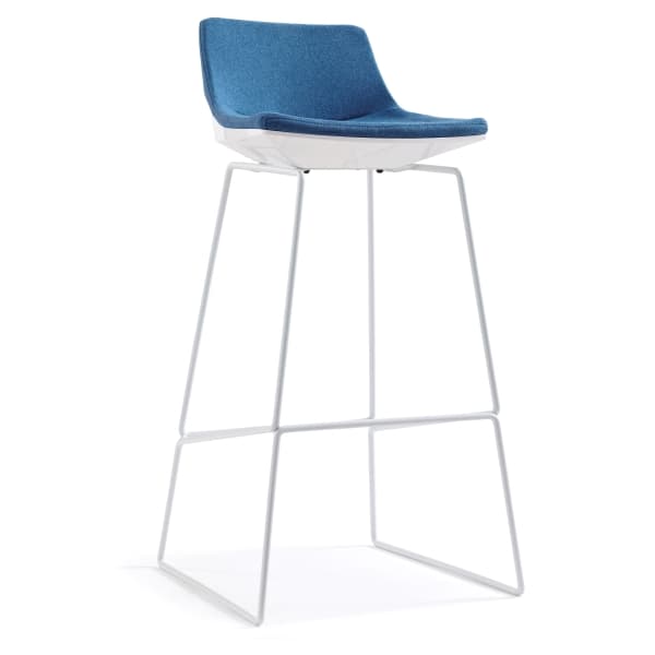 A modern bar stool featuring a sculpted blue upholstered seat and backrest, supported by a white minimalist wire frame base with an integrated footrest. — 3D model