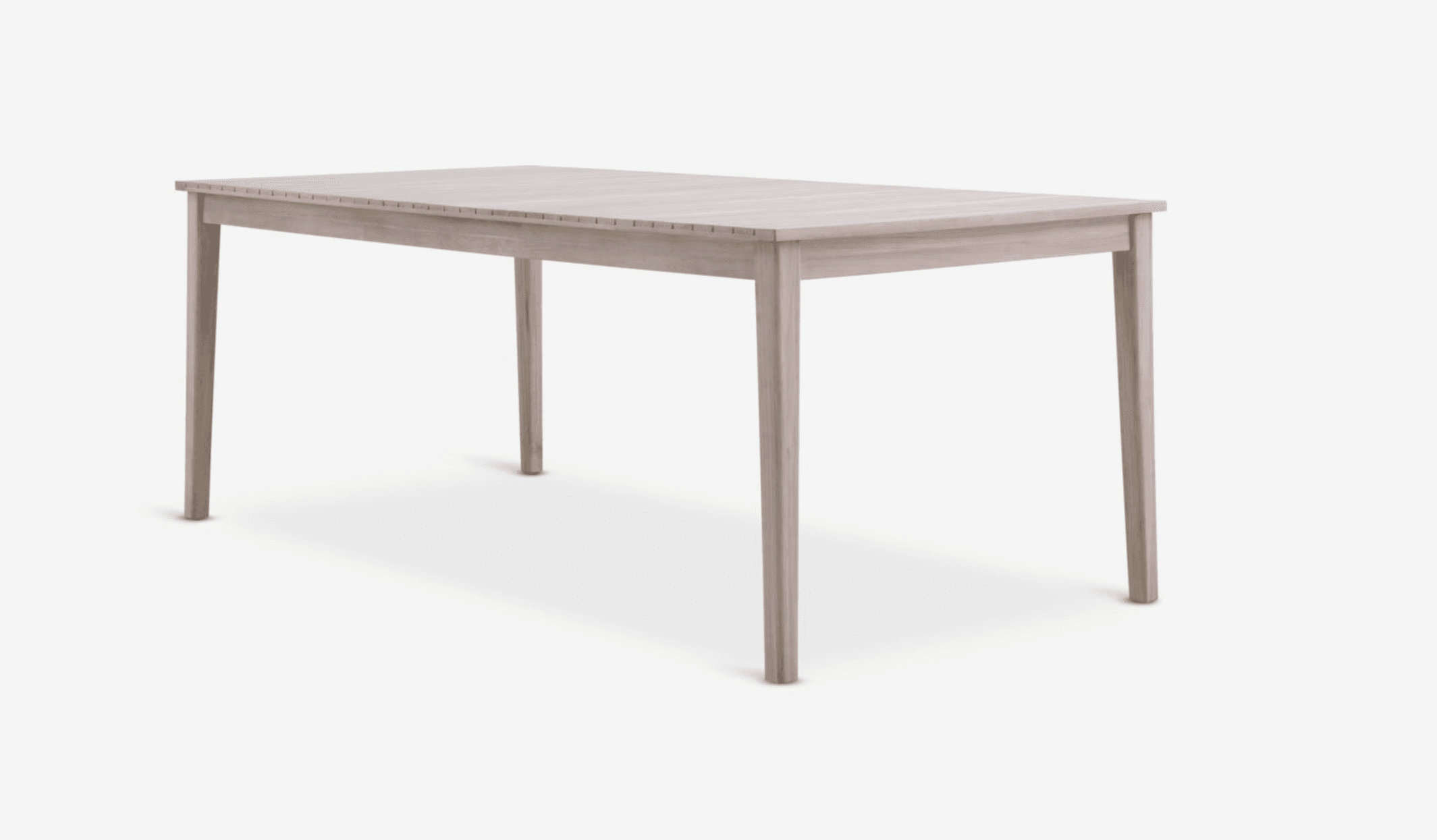 A rectangular dining table constructed from light-toned wood, featuring a plank-style tabletop with visible joinery details along the edges. The table stands on four tapered, round legs. Its design is clean, minimalist, and contemporary. — 3D model
