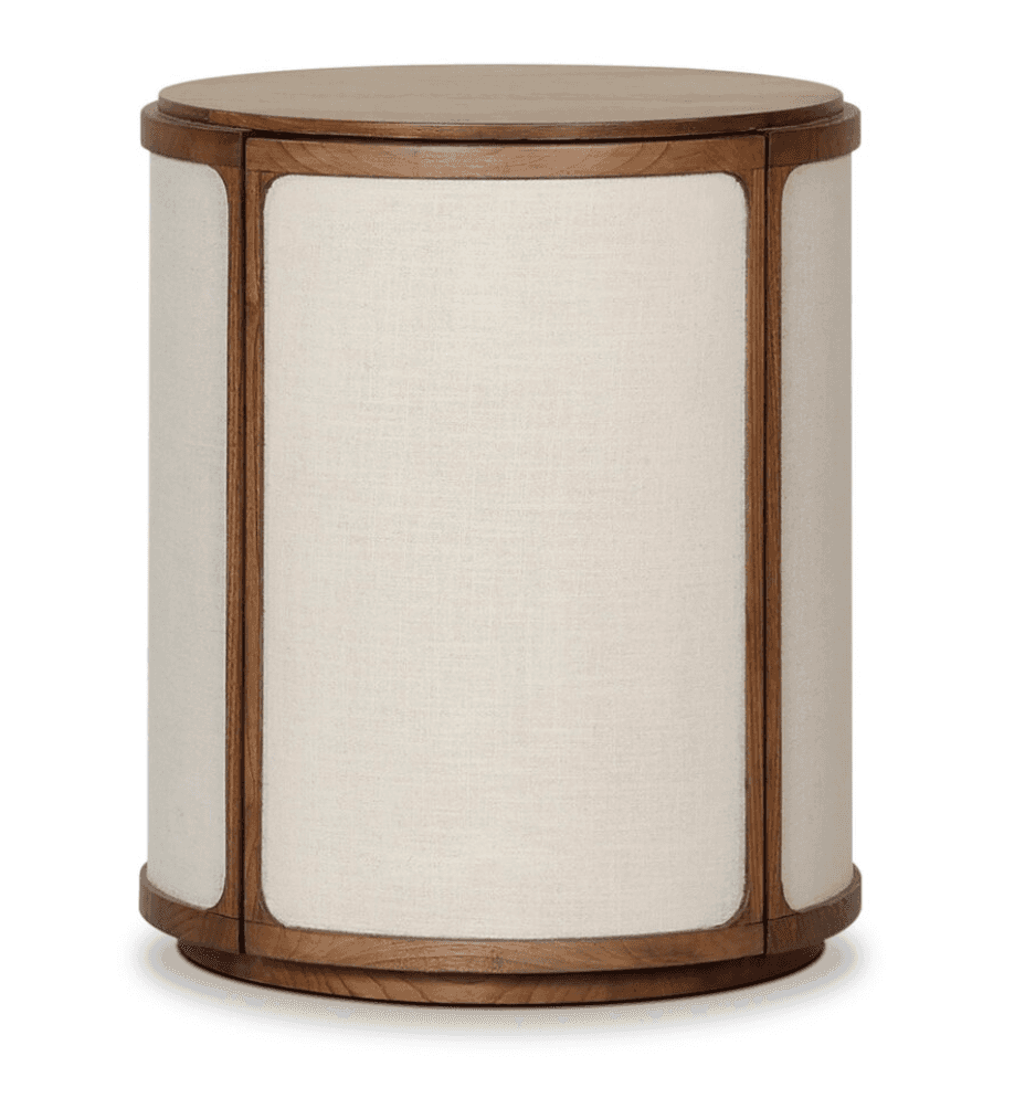 A cylindrical side table featuring a flat wooden top and a matching wooden base. The body is constru… — 3D model