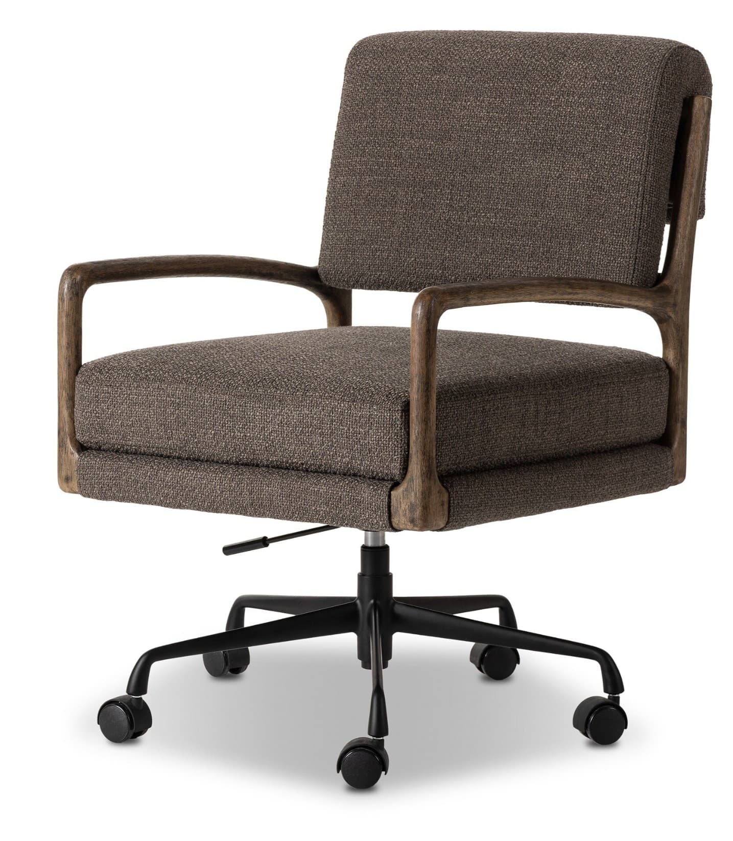 A swivel office chair with a upholstered seat and back, featuring wooden armrests and a five-star base with casters. The upholstery is a textured fabric in a neutral tone. The armrests are made of solid wood with a visible grain pattern. — 3D model