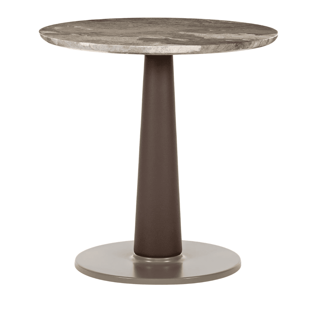 A contemporary round side table featuring a mottled gray and brown stone top, supported by a dark br… — 3D model