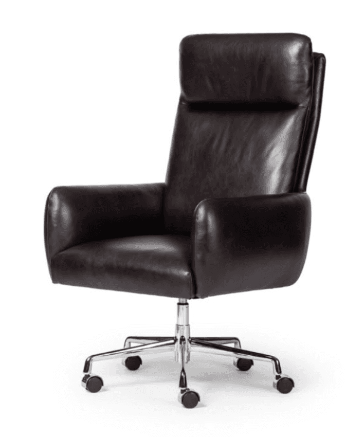 A high-back executive office chair upholstered in dark brown leather, featuring padded armrests and… — 3D model