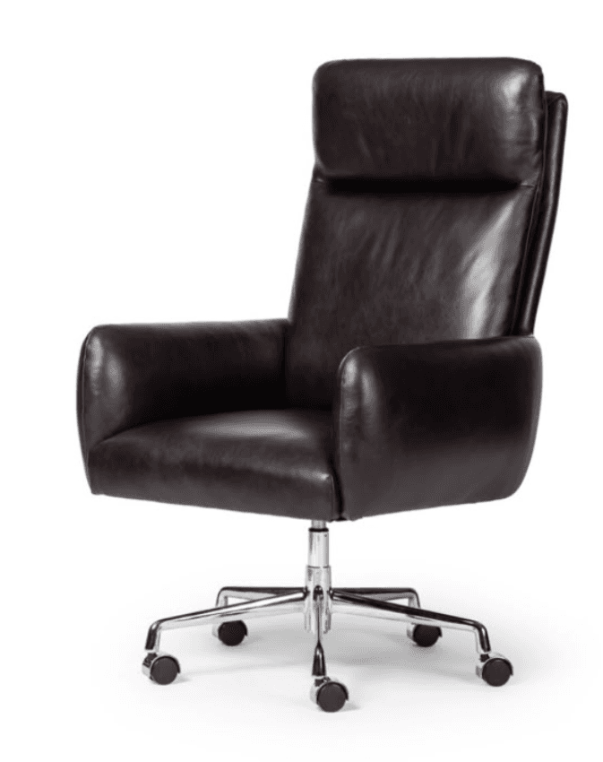 A high-back executive office chair upholstered in dark brown leather, featuring padded armrests and a polished chrome five-star base with caster wheels for mobility. The chair includes a swivel mechanism, and its design emphasizes comfort and professional aesthetics. — 3D model