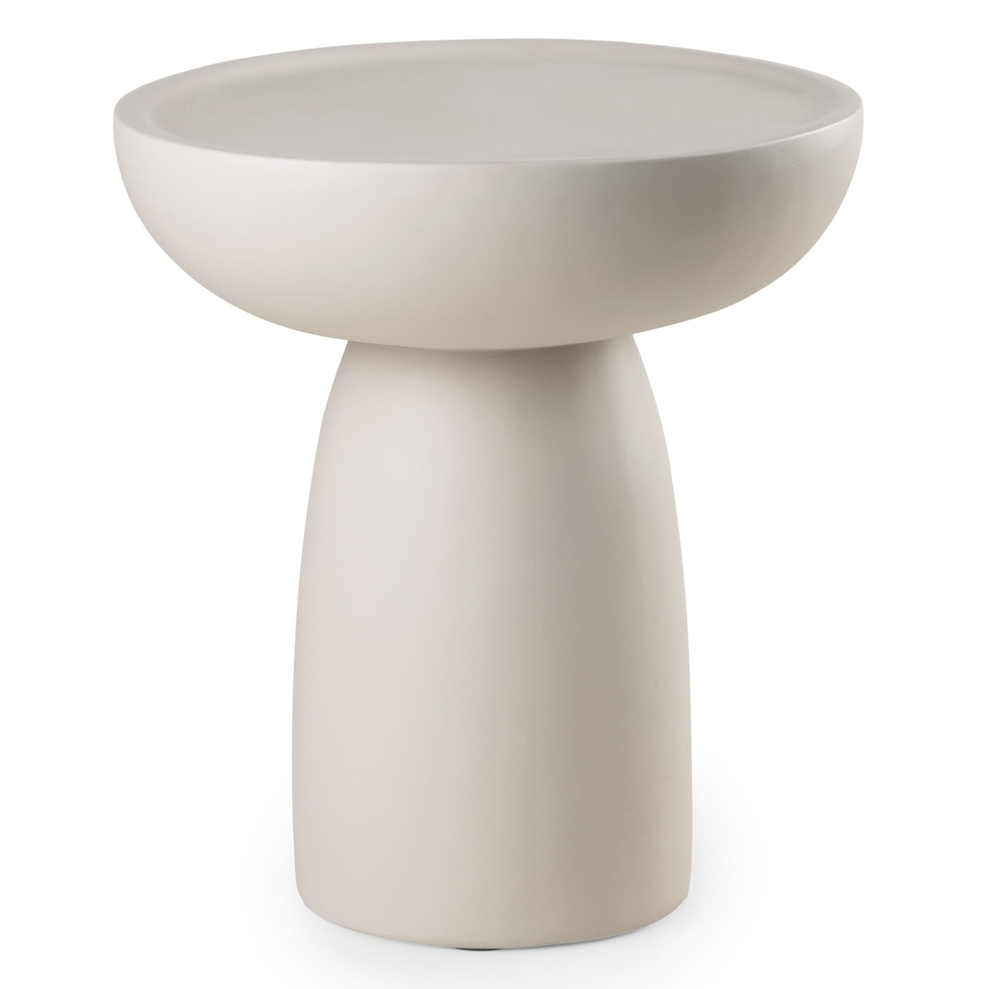 A light-colored, modern pedestal table featuring a solid, cylindrical base and a distinct concave, bowl-shaped top. It exhibits a minimalist design with smooth curves and a matte finish, suggesting a substantial, sculptural presence. — 3D model