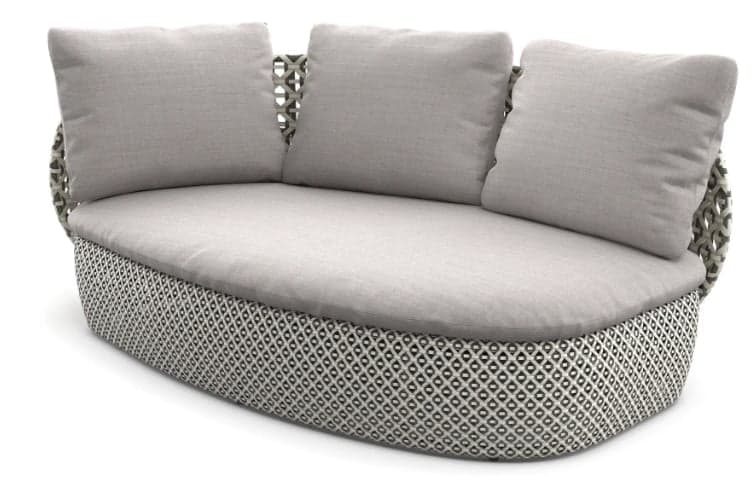A contemporary curved outdoor sofa featuring a woven base and backrest with a geometric pattern, topped with light grey cushions. — 3D model