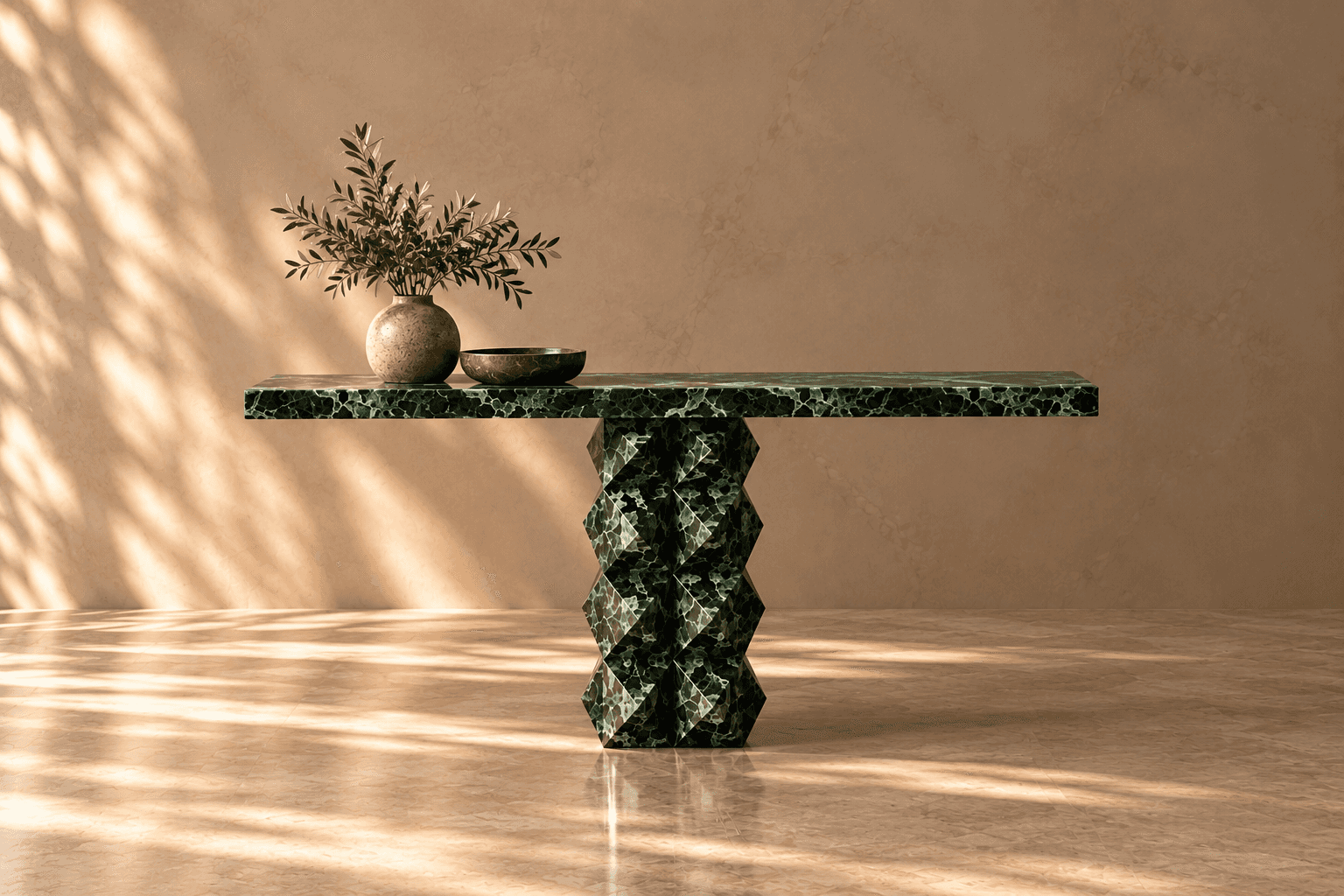 A console table crafted entirely from dark green marble, featuring a long, rectangular top supported… — free BLEND 3D model