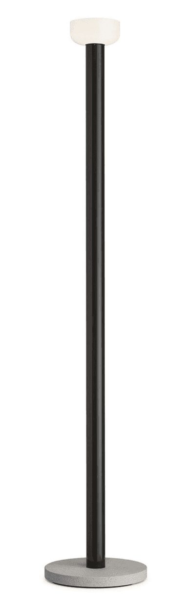A modern floor lamp with a cylindrical black stem and a circular grey base. The lamp features a tran… — 3D model