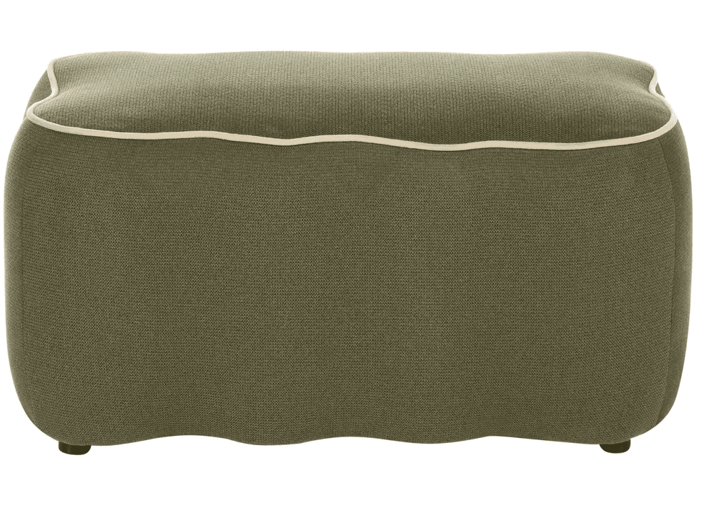 A contemporary rectangular ottoman upholstered in a textured olive green knitted fabric. It features soft, rounded edges and a light-colored contrast piping along the top perimeter. The base of the ottoman has a subtle wavy profile and rests on small, discreet dark feet. — 3D model
