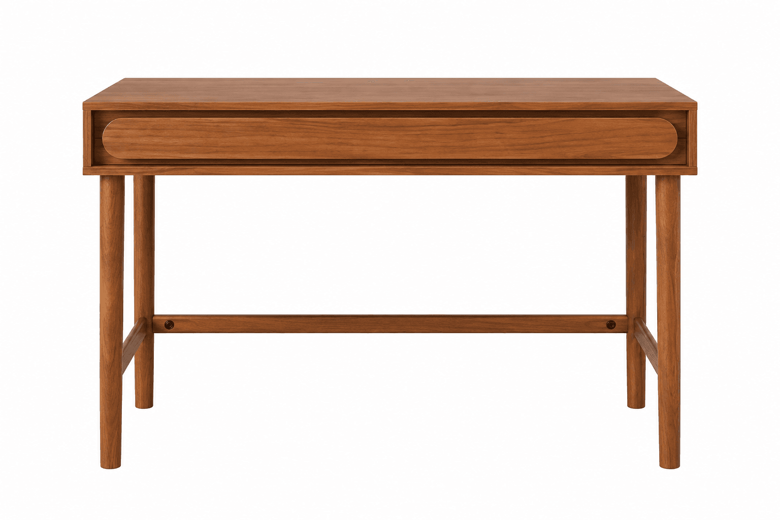 A minimalist, rectangular console table crafted from warm-toned wood, likely teak or walnut. It feat… — 3D model