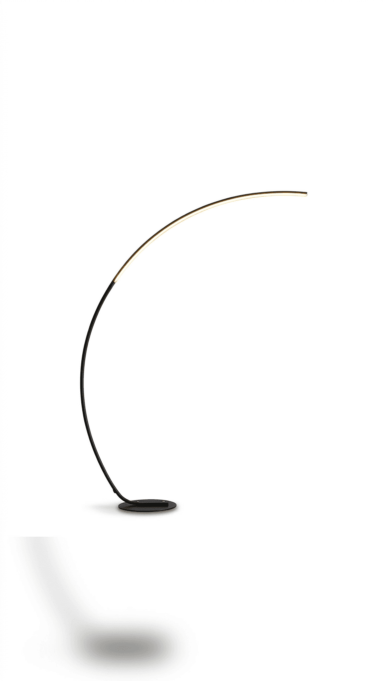 A sleek, modern floor lamp characterized by its minimalist design, featuring a slender, arcing black metal body and an integrated LED lighting strip. The lamp stands on a flat, circular base, providing stable support for its tall, curved silhouette. — 3D model