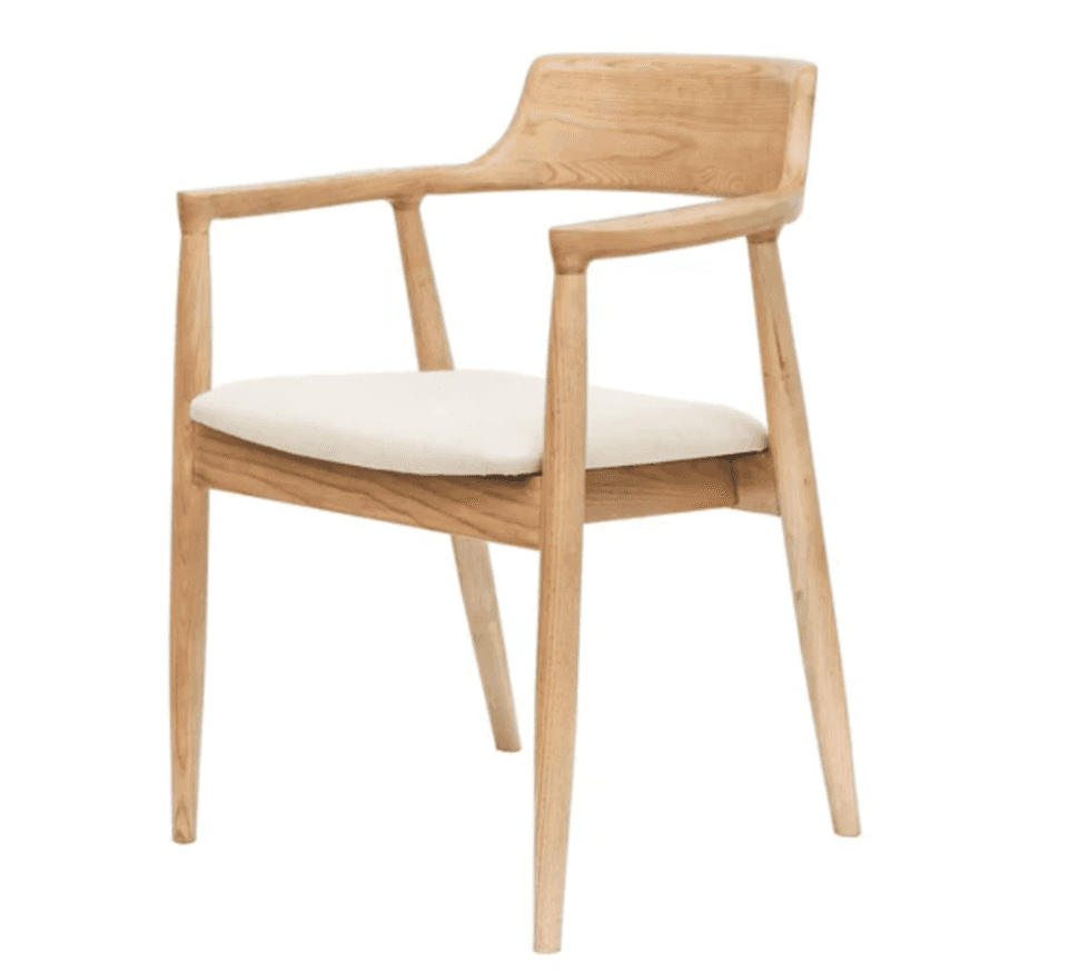 A modern wooden armchair featuring a light-toned wood frame with clean lines. It has a subtly curved… — 3D model