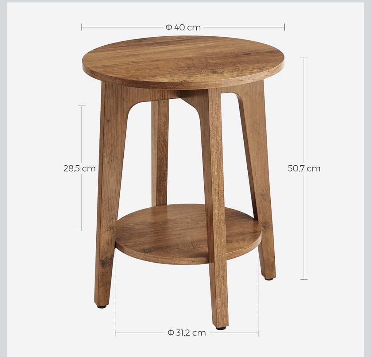 A round wooden side table featuring a natural wood grain finish, three splayed legs, and an additional circular lower shelf. The table's design is minimalist and functional. — 3D model