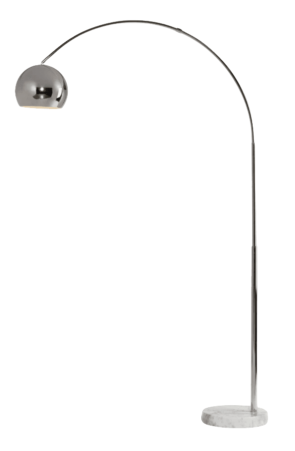 A modern arc floor lamp featuring a polished chrome finish on its slender, arched metallic arm and s… — 3D model