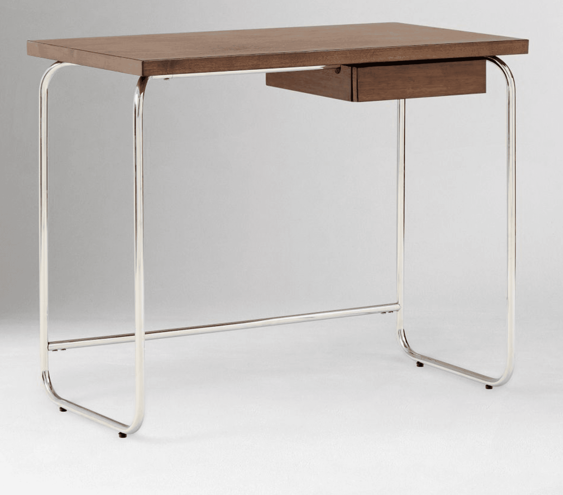 A modern desk with a rectangular wooden top and a single drawer. The frame consists of polished tubular metal legs that curve inwards and connect to form a stable base. A horizontal metal bar provides additional support. — 3D model