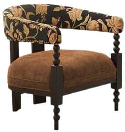 A barrel-back armchair featuring a dark-stained wood frame with decorative turned legs and arm suppo… — free OBJ 3D model