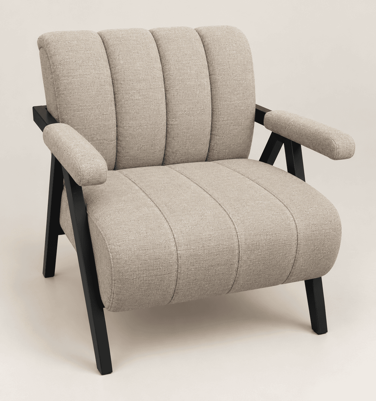 An armchair featuring a light beige, textured fabric upholstery with distinct vertical channel tufting on both the seat and backrest. The chair is supported by an exposed, angular frame made of black-finished wood, which also forms the structural armrests. Cylindrical upholstered pads rest on top of the wooden armrests, providing additional comfort. The legs are straight and slightly angled, contributing to its modern aesthetic. — 3D model