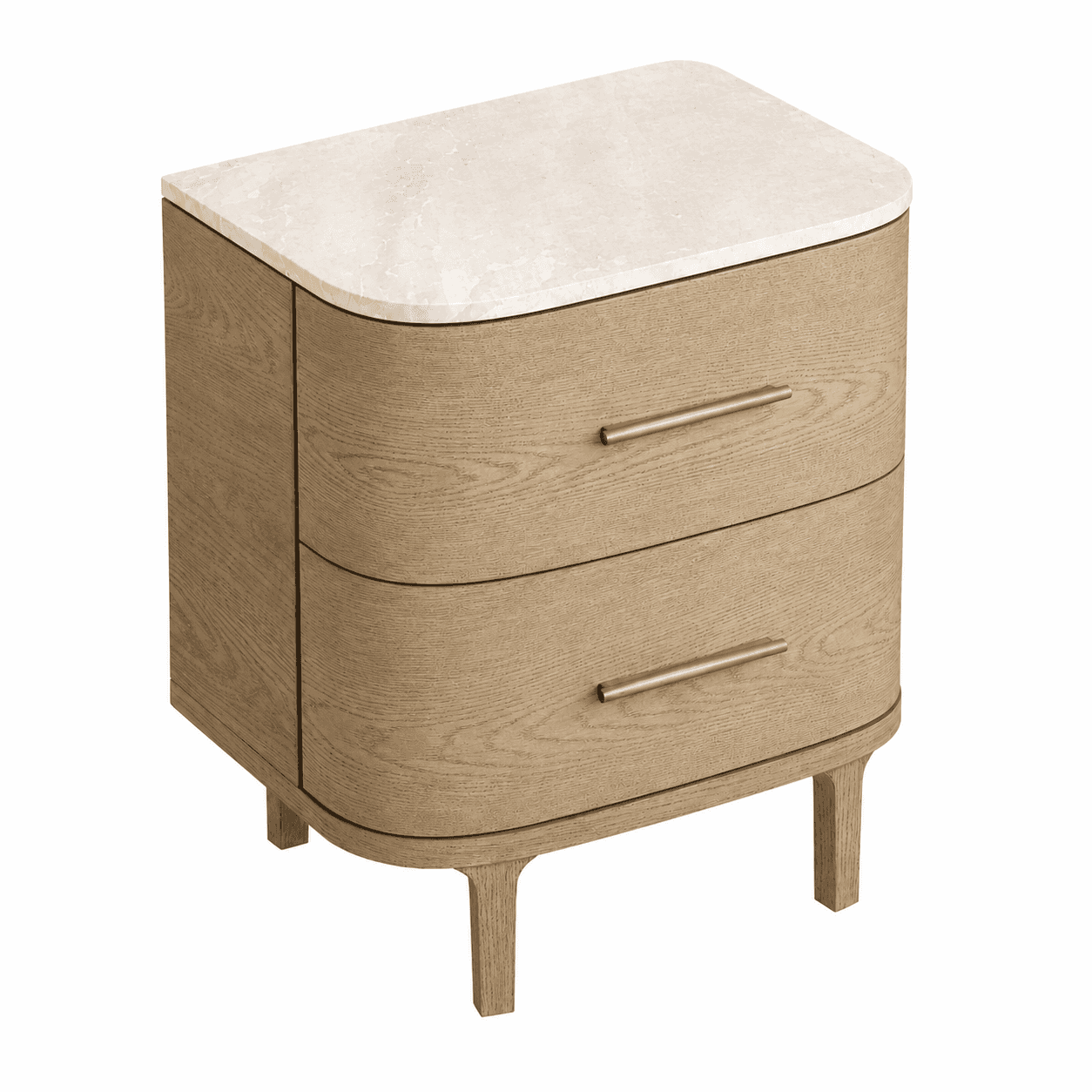 A modern two-drawer nightstand featuring a light-toned marble top and a wooden body with rounded edges. It includes two pull-out drawers with sleek metallic bar handles and stands on short, tapered wooden legs. — 3D model