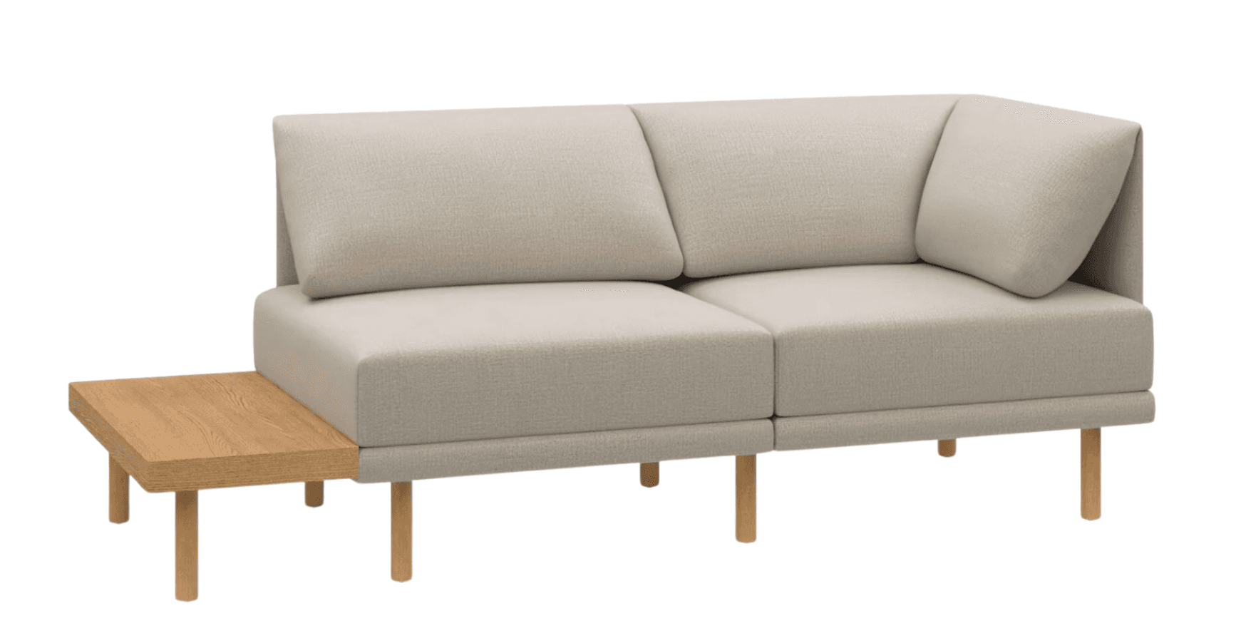 A modern, modular sofa with a light beige textured fabric upholstery. The sofa features a two-seat configuration with a right-arm facing chaise or extended side table section. It has a low profile with clean lines and square-edged cushions. Attached to the left side of the sofa is a square-shaped side table with a light wood grain finish and rounded edges, supported by cylindrical wooden legs. The sofa itself is supported by thin, cylindrical wooden legs. — 3D model