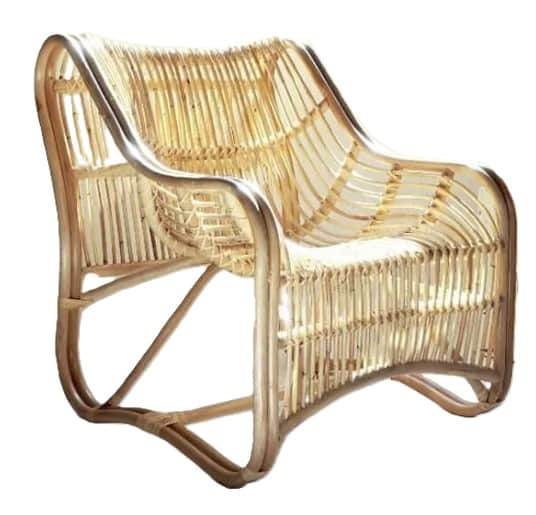 A curved armchair constructed from woven rattan material. The chair features a rounded back and seat… — 3D model