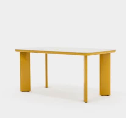 A modern console table featuring a minimalist design with a vibrant yellow finish on its base and le… — 3D model