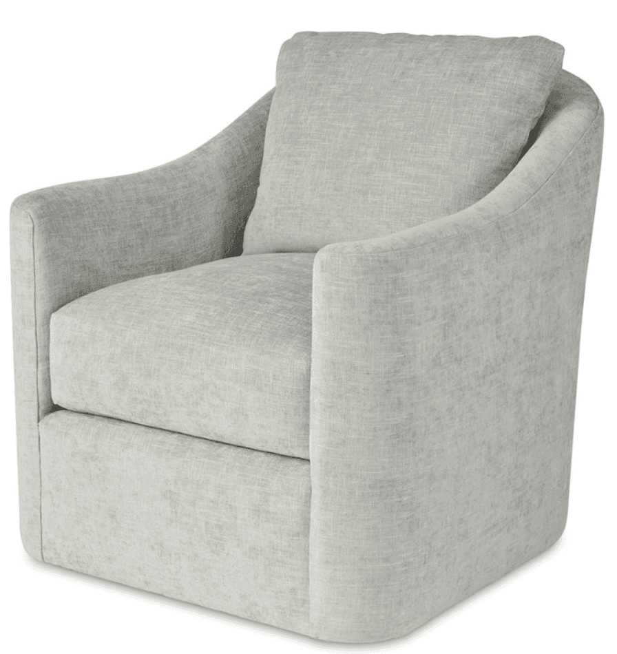 A light grey upholstered barrel-style chair with a loose seat cushion and a loose back cushion, featuring a curved back and integrated arms, resting on a fully upholstered plinth base. — 3D model