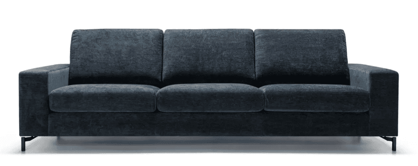 A three-seater sofa with a contemporary design. It features a rectilinear silhouette with straight arms and a low profile. The upholstery appears to be a textured fabric. The sofa is supported by slender, dark-colored legs. — 3D model