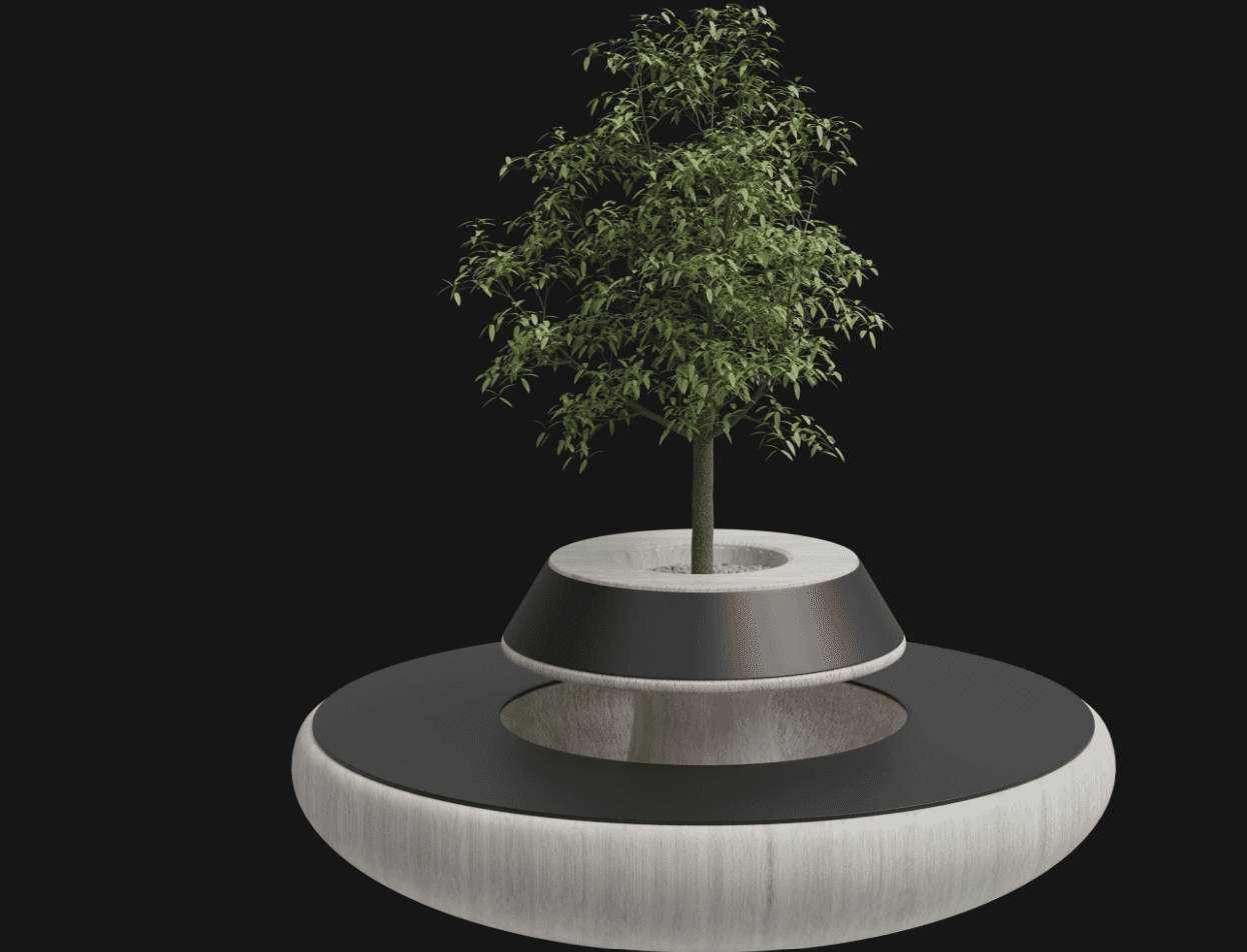 A modern circular bench featuring an integrated central planter, designed with a two-tiered structur… — 3D model