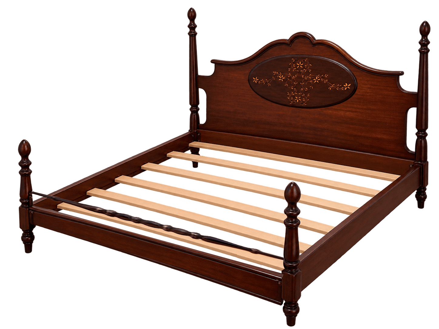 A traditional four-poster bed frame crafted from dark-stained wood, featuring prominently turned posts at all four corners and a detailed headboard with an intricate oval-shaped floral inlay. — 3D model