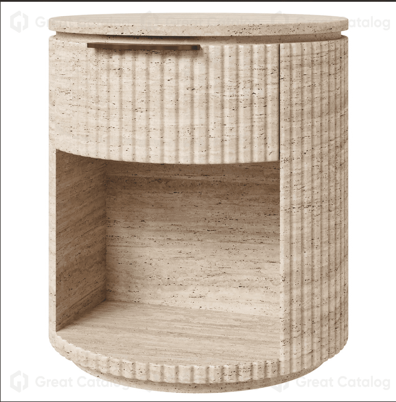 A cylindrical nightstand with a fluted exterior and a single drawer. It features an open shelf below… — 3D model