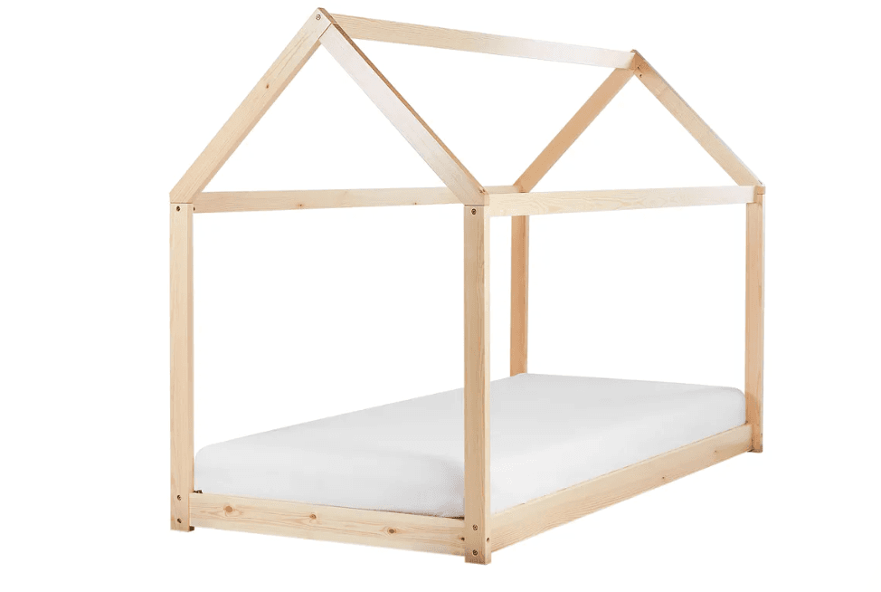 A light-colored natural pine wood bed frame designed for a child's room, featuring a house-shaped canopy structure above the main bed base. The frame appears sturdy and unfinished, displaying the natural grain of the wood. A white mattress is visible within the frame. — 3D model