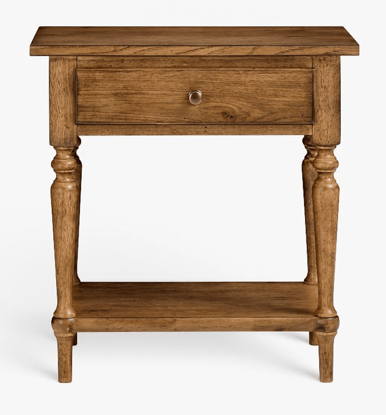 A rustic style wooden nightstand featuring a single drawer and an open lower shelf, supported by four turned legs. The wood has a natural, light brown finish, and the drawer is accented with a single brass-toned knob. — 3D model