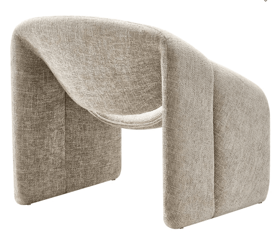 A modern armchair with a distinctive U-shaped base and a continuous, flowing form. The seat and backrest are integrated into the overall structure, creating a sculptural appearance. The upholstery has a visible woven texture. — 3D model