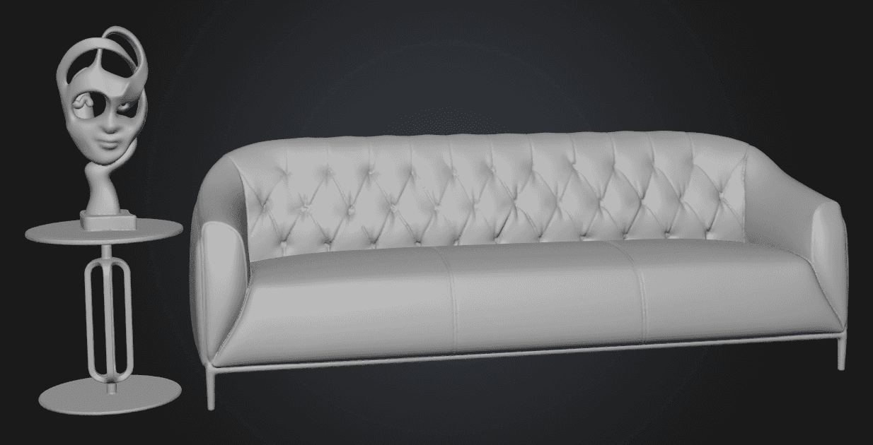 A modern three-seater sofa featuring a deeply button-tufted backrest, sleek integrated arms, three d… — 3D model