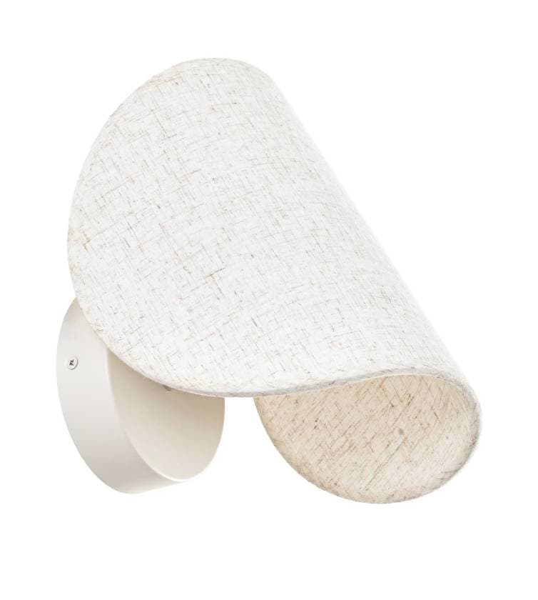 A contemporary wall sconce featuring a curved, off-white fabric shade attached to a round, cream-colored metal wall mount. The shade has a textured, linen-like appearance and is designed to diffuse light upwards and downwards. — 3D model