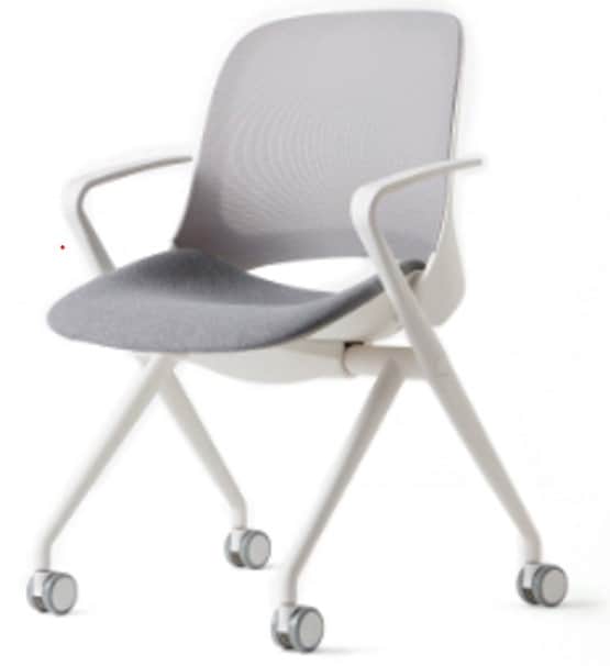 A modern office or conference chair featuring a grey mesh backrest, a grey upholstered fabric seat,… — 3D model