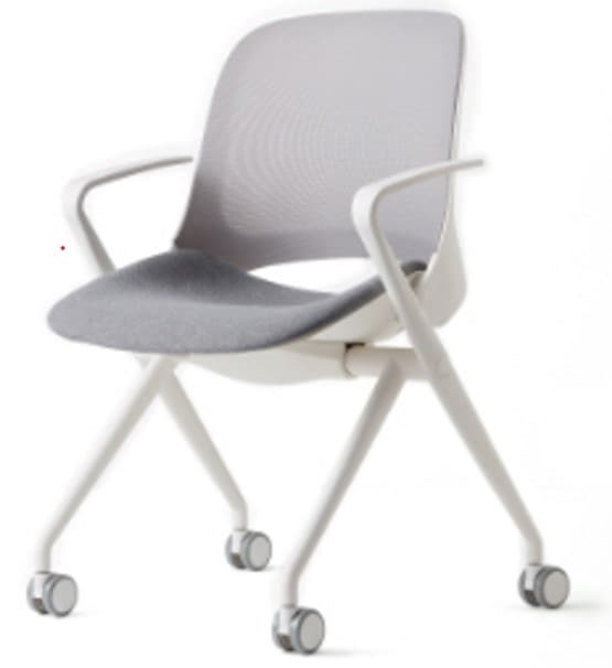 A modern office or conference chair featuring a grey mesh backrest, a grey upholstered fabric seat, and a white plastic or metal frame with integrated armrests. The chair is supported by four legs, each ending in a caster wheel, suggesting mobility. — 3D model