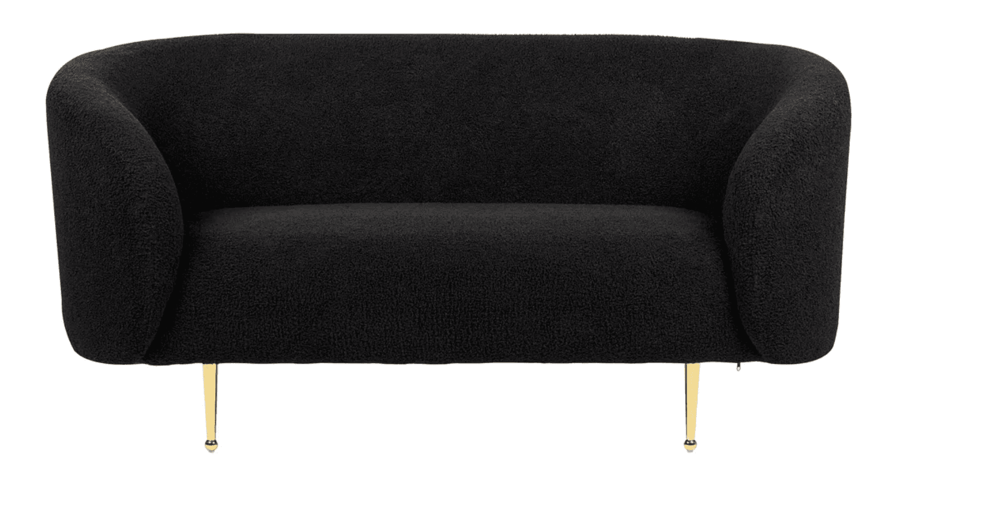 A contemporary black bouclé upholstered loveseat featuring a curved, enveloping back and armrests, supported by four slender, gold-finished metal legs. — 3D model