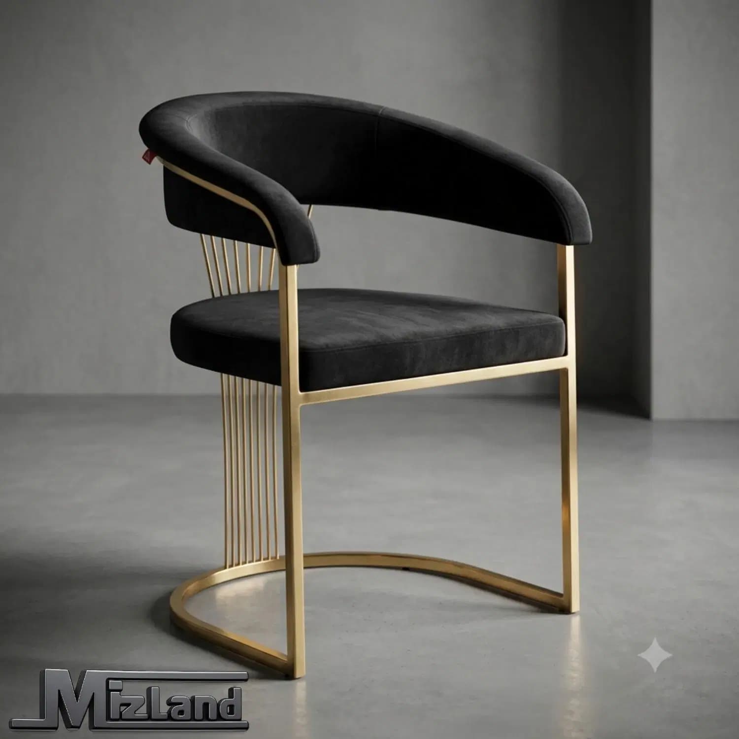 A contemporary armchair featuring a plush black velvet upholstered seat and backrest, supported by a polished gold-finished metal frame with distinctive curved lines and decorative vertical rods at the back. — 3D model