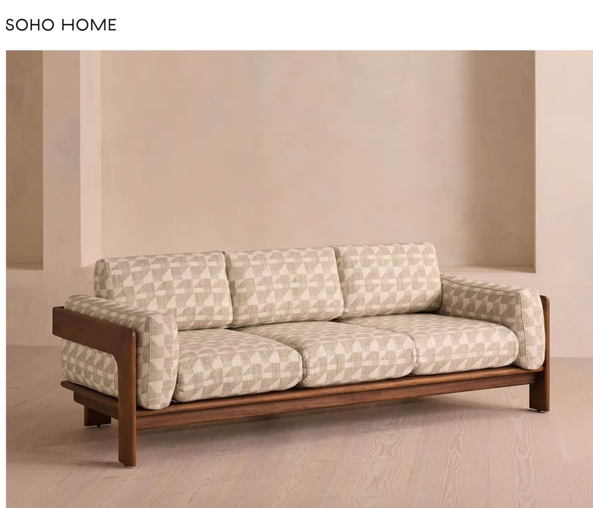 A mid-century modern style three-seater sofa featuring an exposed dark wood frame that forms the bas… — free OBJ 3D model