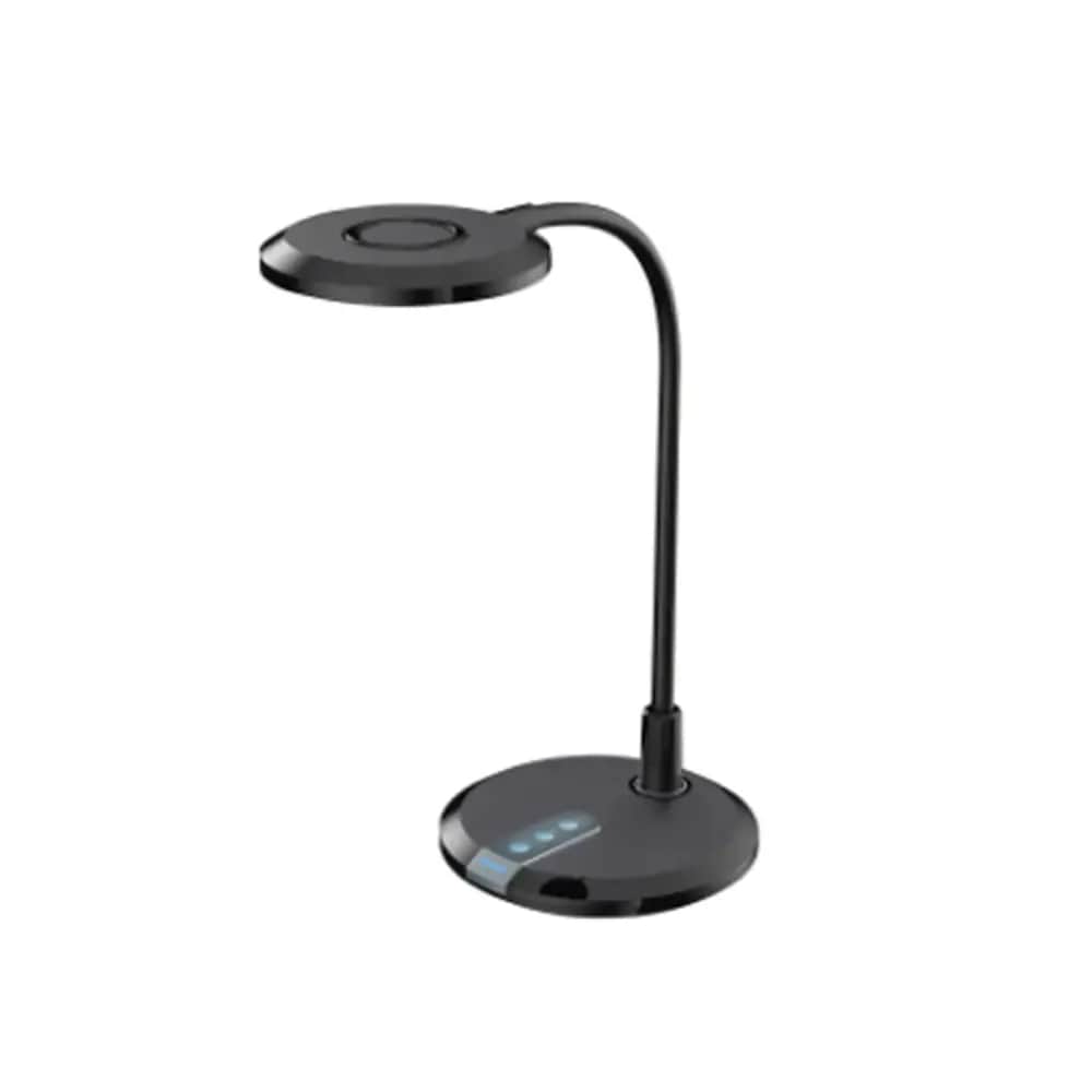 A modern black LED desk lamp featuring a circular base with touch controls, a flexible gooseneck arm… — 3D model