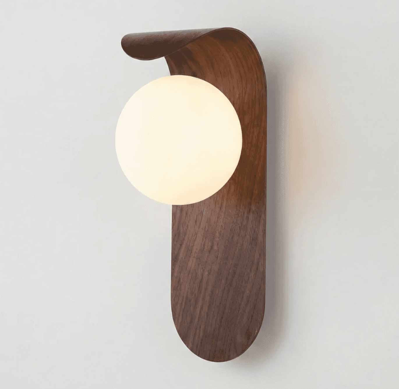 A modern wall-mounted lighting fixture featuring a dark wood backplate with a curved top section and… — free GLTF 3D model