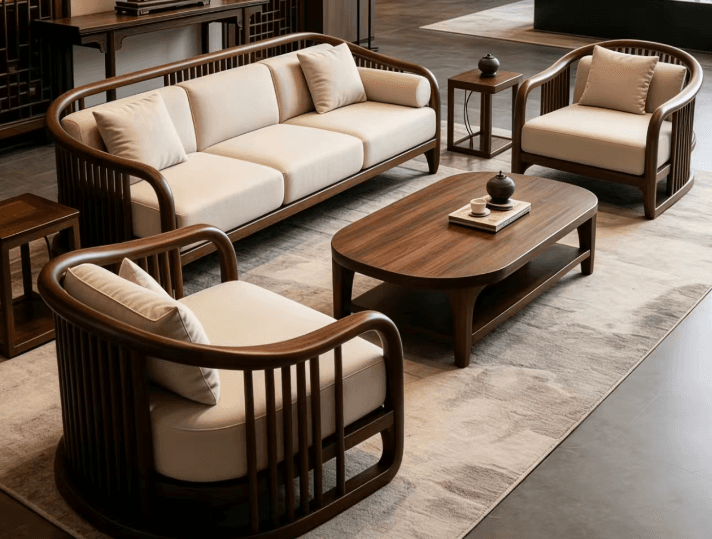 A modern three-seater sofa featuring a distinctive dark wood frame and light-colored upholstered cushions. The frame is characterized by its curved top rail and vertical slat design on the back and sides, extending to form the armrests. The sofa includes three seat cushions, three back cushions, and two cylindrical bolster cushions for the arms, all in a neutral cream or off-white fabric. — 3D model