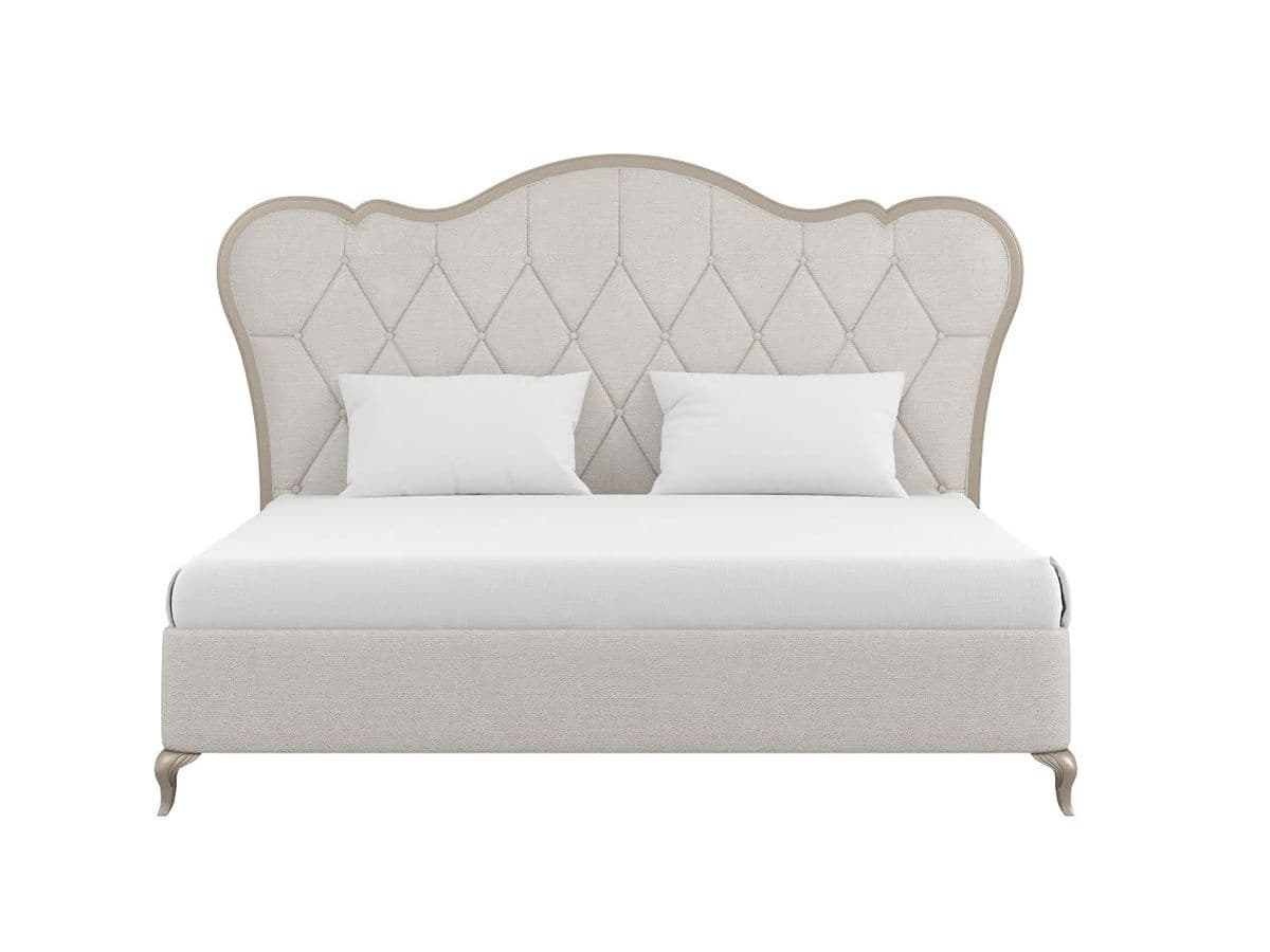A contemporary upholstered double bed featuring a distinctive scalloped headboard with diamond tufting. The headboard is framed by a light metallic or wood trim that follows its curved outline. The bed frame is also upholstered in a matching light-colored fabric. The entire bed stands on four elegant, curved metallic legs. — 3D model