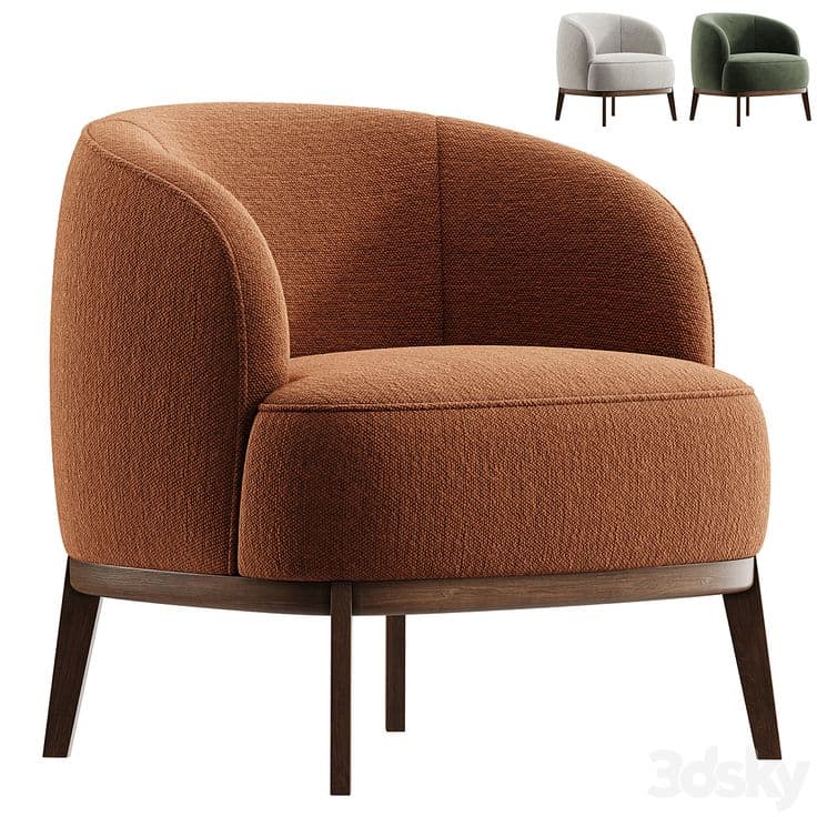 A modern armchair with a curved, upholstered back and seat. It features a rounded silhouette and is supported by four dark wooden legs attached to a wooden base frame. — 3D model